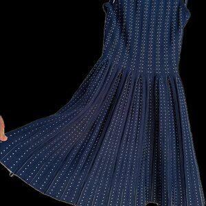 Milly Sleeveless Flare Dress Cocktail Date Feminine Dot Pleated Blue S